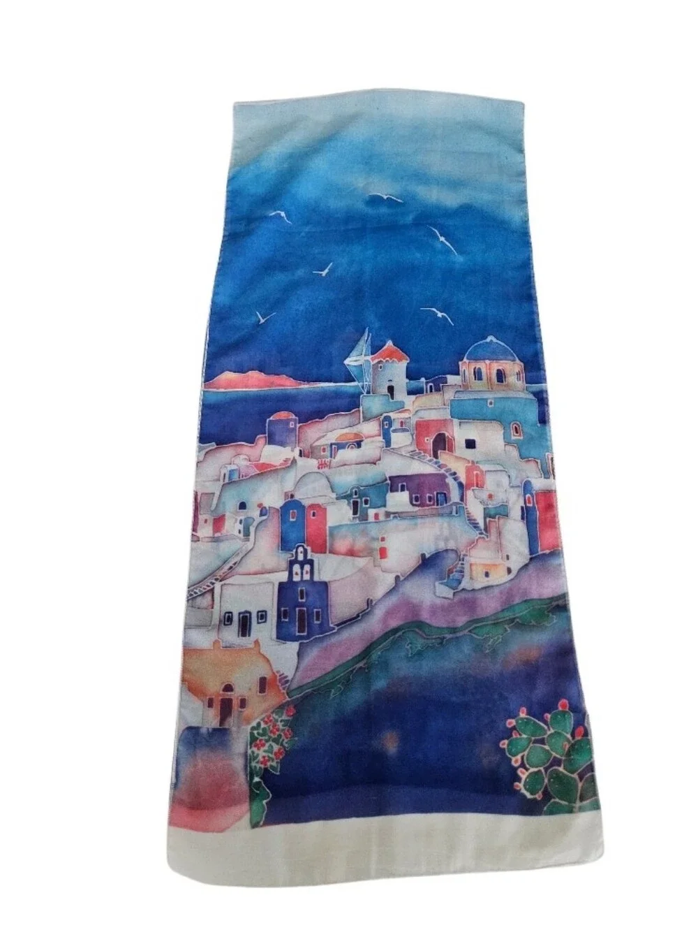 Ifasma Hand Made  Santorini Watercolor Mediterranean Village Scarf